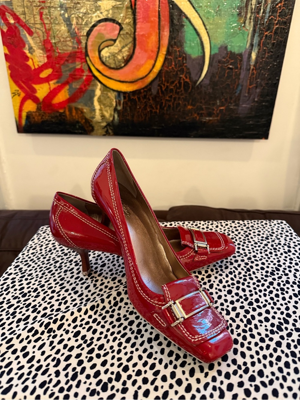 Cole Haan Red Patent Leather Kitten Heel Pumps with Buckle